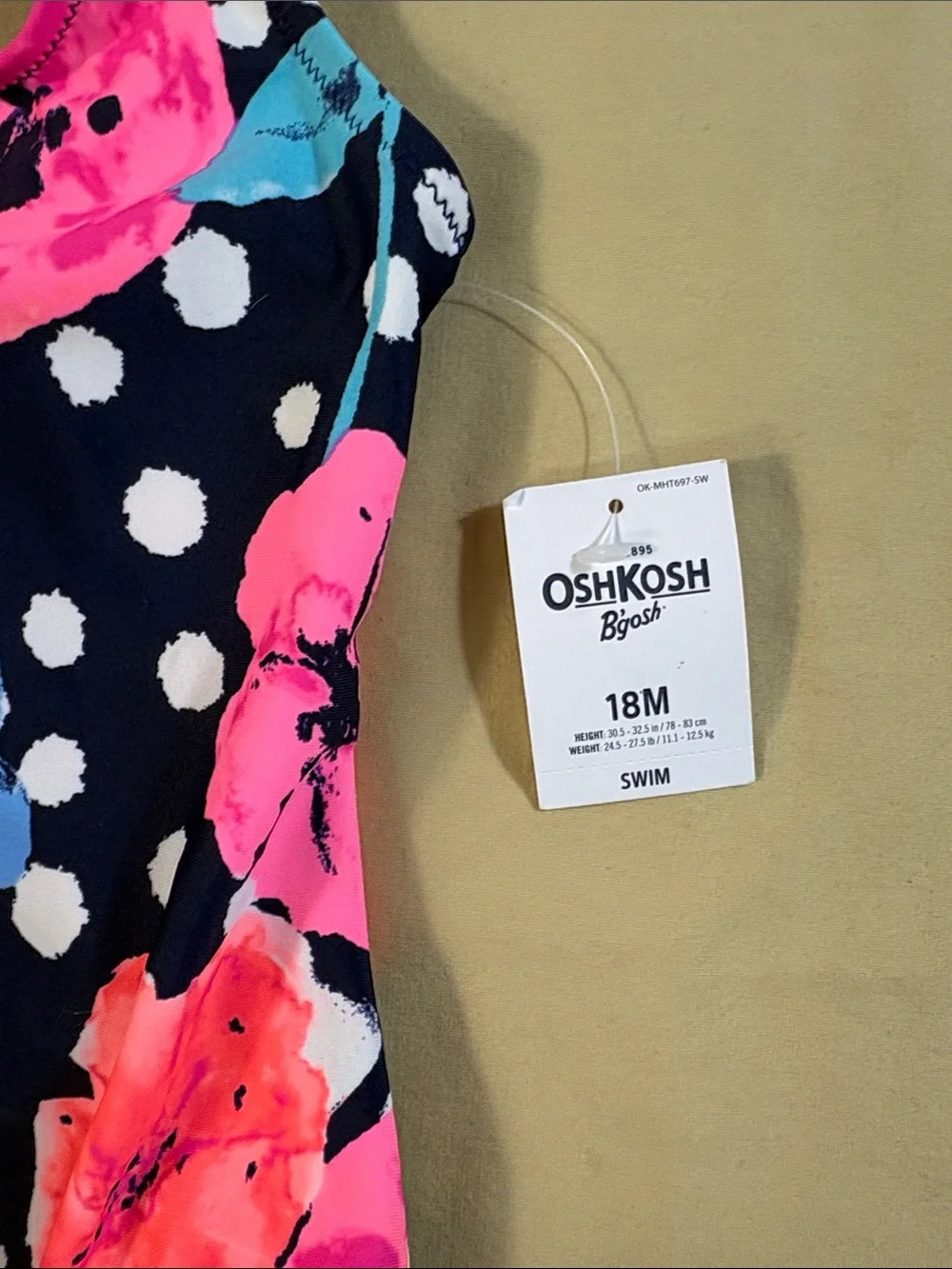OshKosh B'gosh NWT Navy Blue Polka Dot Neon Floral One Piece Swimsuit Girls 18M